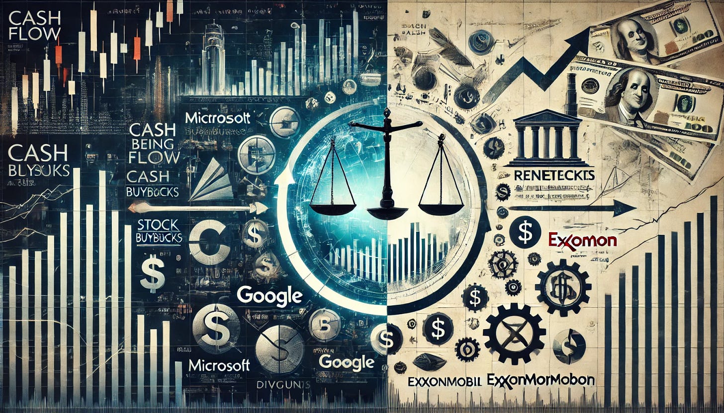 A sophisticated financial cover image illustrating the concept of cash flow, stock buybacks, and dividends. Depict a balance between cash being distributed to shareholders and cash being reinvested in companies, represented by stock market charts, dollar bills, and growth symbols like arrows or gears. A visual comparison between technology companies (represented by Microsoft and Google logos in abstract form) and an oil company (represented by ExxonMobil logo in abstract form), reflecting different stages of cash flow. The background should feature subtle stock market imagery and financial graphs. The tone should be professional and analytical, with a focus on shareholder value.