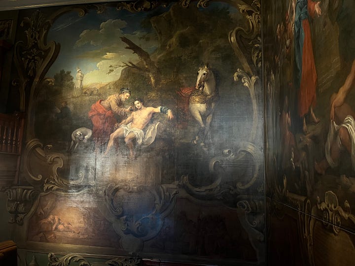 Two William Hogarth paintings depicting the Biblical parables of the Good Samaritan and Christ at the Pool of Bethesda.