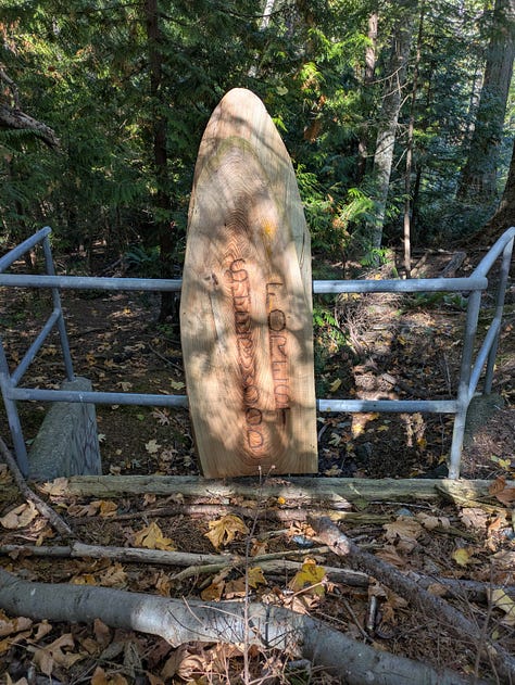 Scenes from Vancouver suburbia. One picture is of a sign that says Robin Hood Drive. One has a wooden menhir that says Sherwood Forest". The third has a deer looking warily at the camera