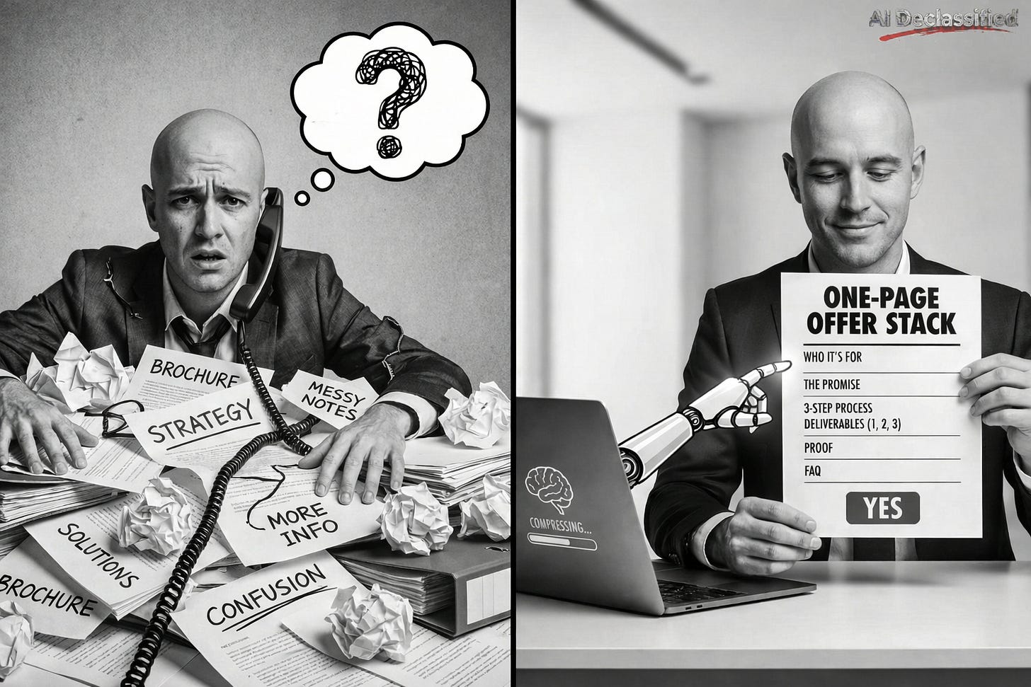 AI helps a man convert messy notes and docs to a one-page offer stack.