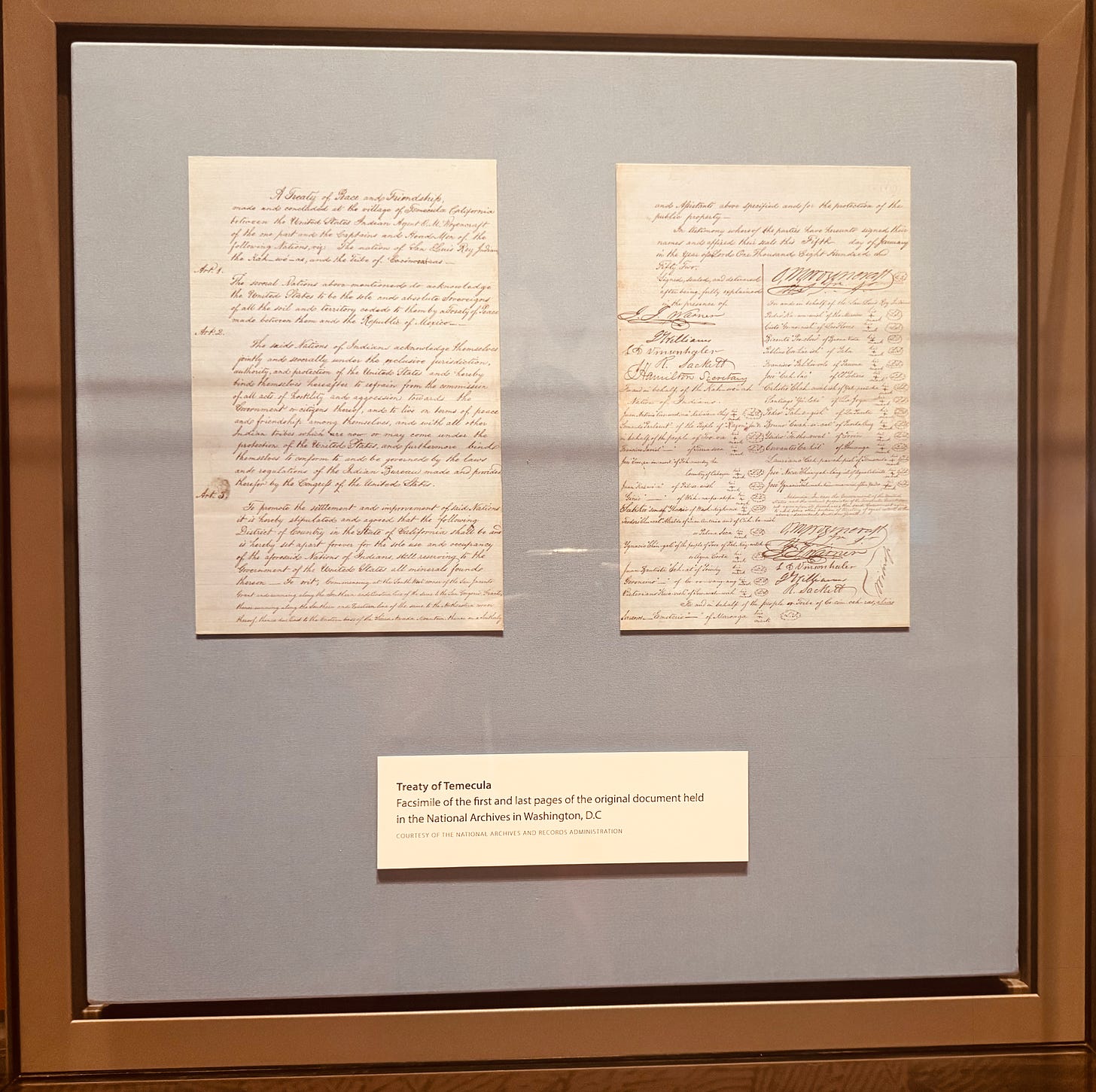 Facsimile of the first and last pages of the Treaty of Temecula, signed January 5, 1852, showing handwritten articles of peace and friendship with signatures from Native leaders and U.S. representatives. Facsimile of the first and last pages of the Treaty of Temecula, signed January 5, 1852, showing handwritten articles of peace and friendship with signatures from Native leaders and U.S. representatives.