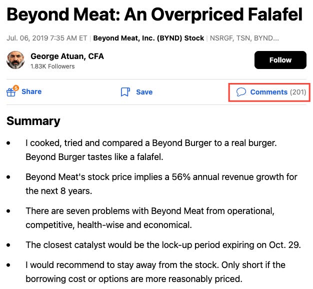 Screenshot of 2019 Seeking Alpha article ‘Beyond Meat: An Overpriced Falafel’ by George Atuan, CFA — used in Beating The Tide best stock newsletter to show early short thesis based on fundamental analysis, product comparison, and business model weaknesses.  Screenshot of 2019 Seeking Alpha article ‘Beyond Meat: An Overpriced Falafel’ by George Atuan, CFA — used in Beating The Tide best stock newsletter to show early short thesis based on fundamental analysis, product comparison, and business model weaknesses.