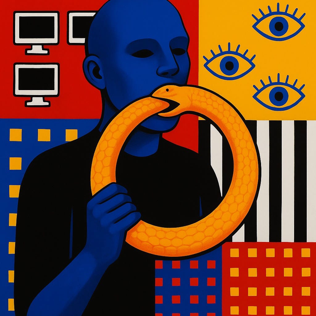 A snake consuming its own tail being eaten by a human