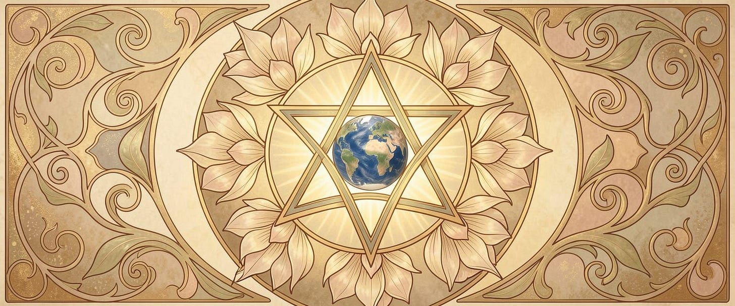 A six-pointed star (two intersecting triangles) within a circle, surrounded by twelve petals. The star represents the un...