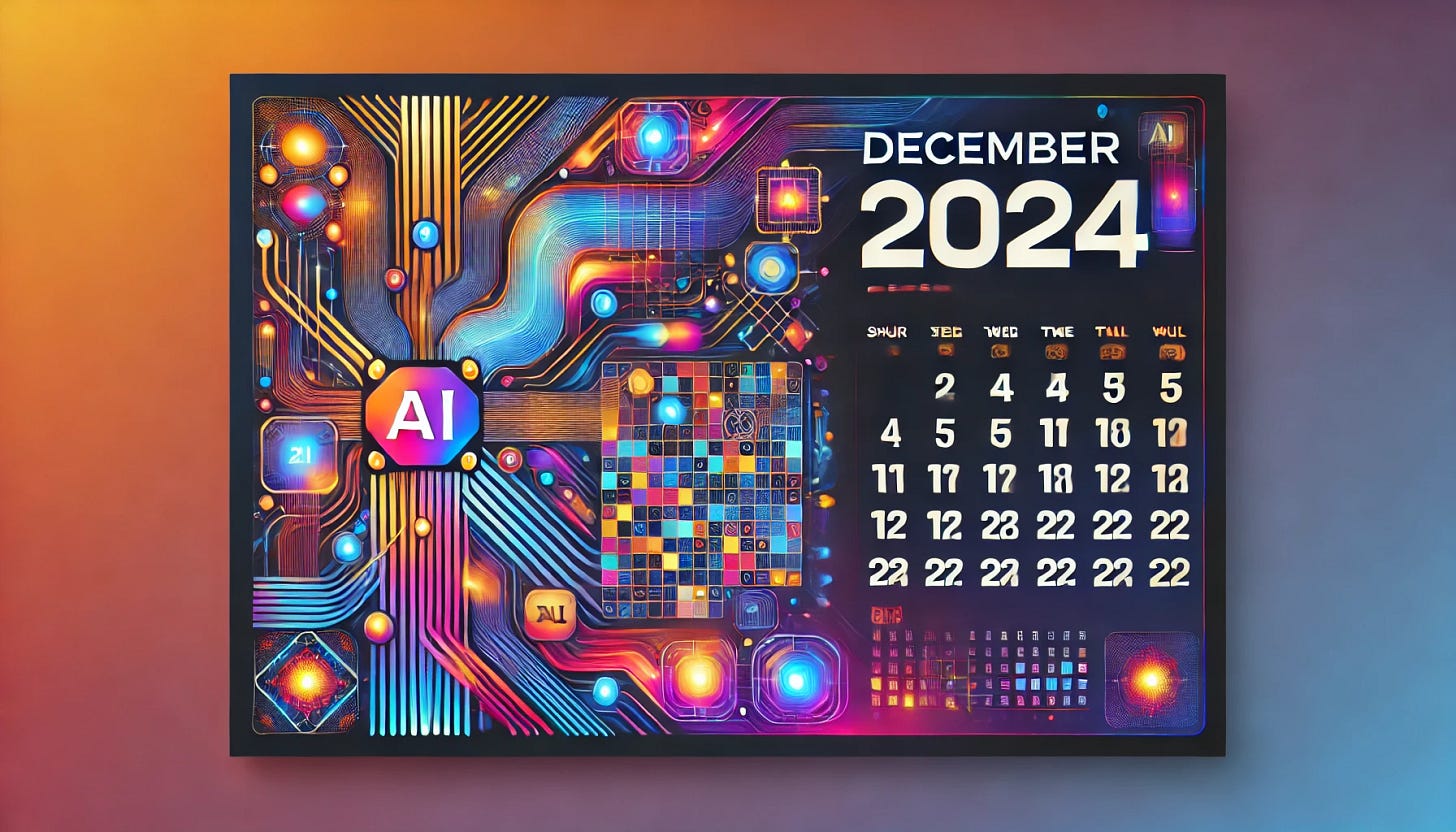 A vibrant and minimalist AI-themed December 2024 calendar design. The layout is widescreen with bold, colorful elements inspired by artificial intelligence, such as abstract neural networks, futuristic circuits, and glowing geometric patterns. The date grid is simple, with a sleek font and minimal text, prominently displaying 'December 2024.' The colors are vivid and energetic, featuring gradients of blues, purples, and oranges, set against a clean, modern background. Perfect for a tech-inspired aesthetic.