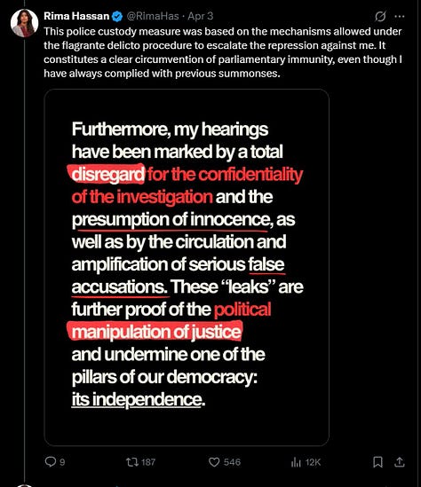 Series of Tweets by Rima Hassan following her arrest