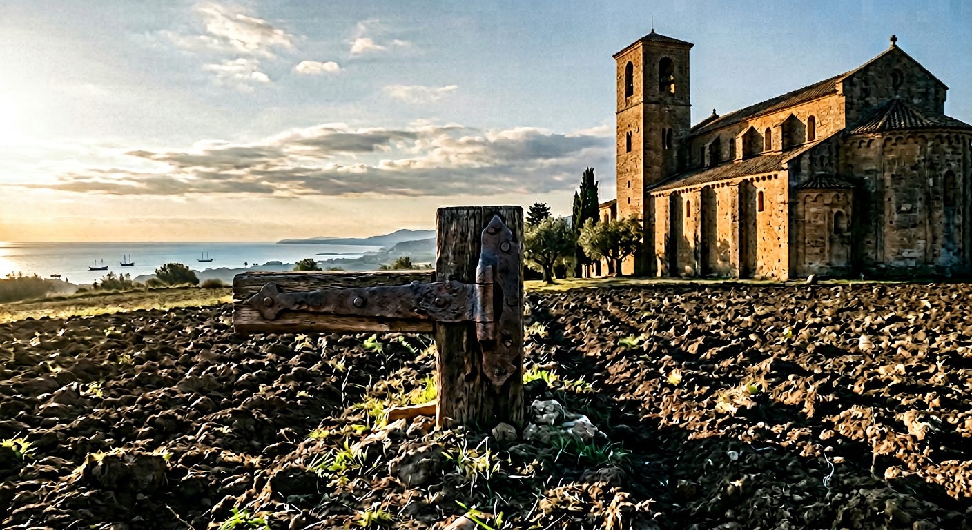 A conceptual art piece showing an iron hinge transitioning from a blue sea to dark agricultural soil, with a medieval stone church standing firmly in the earth.