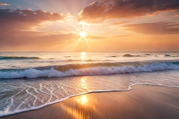 Premium Photo | A sunset over a beach with the sun shining through the  clouds