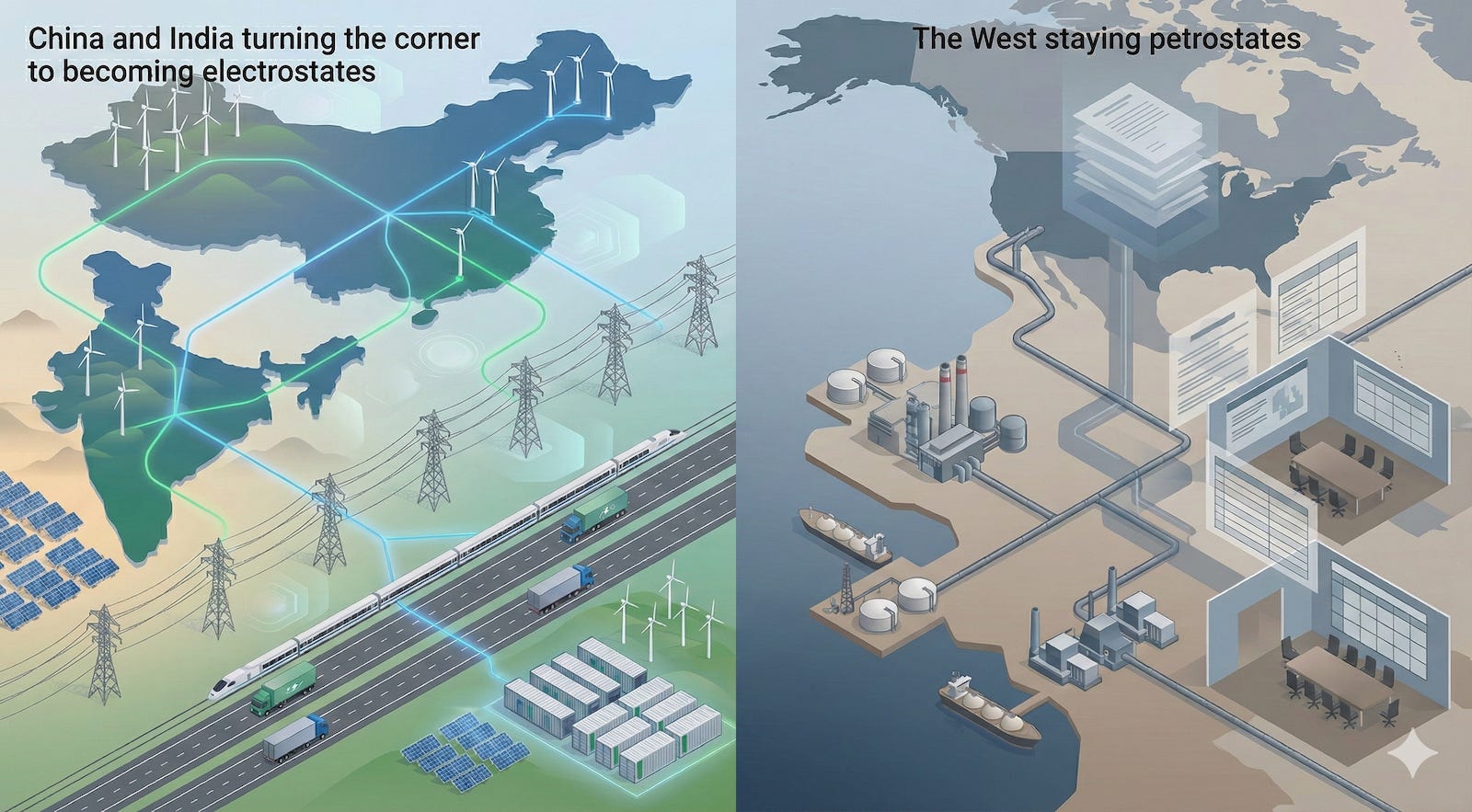 Infographic comparing China and India’s clean-power shift with older petrostate assumptions. Infographic comparing China and India’s clean-power shift with older petrostate assumptions.