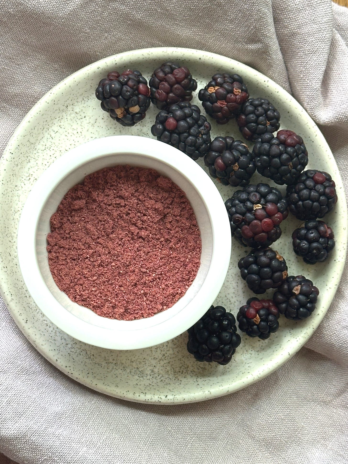 overhead image of blackberry powder on plate with fresh blackberries overhead image of blackberry powder on plate with fresh blackberries