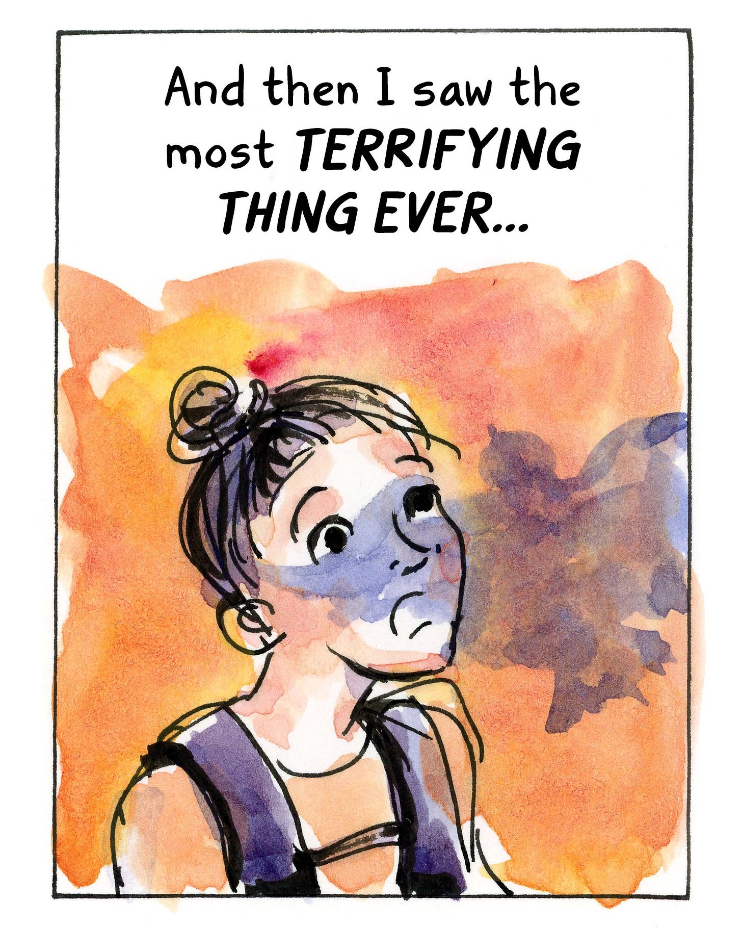 Watercolor comic page by graphic novelist K. Woodman-Maynard about meeting a baby owl. Comic text reads: ”And then I saw the most terrifying thing ever…” 