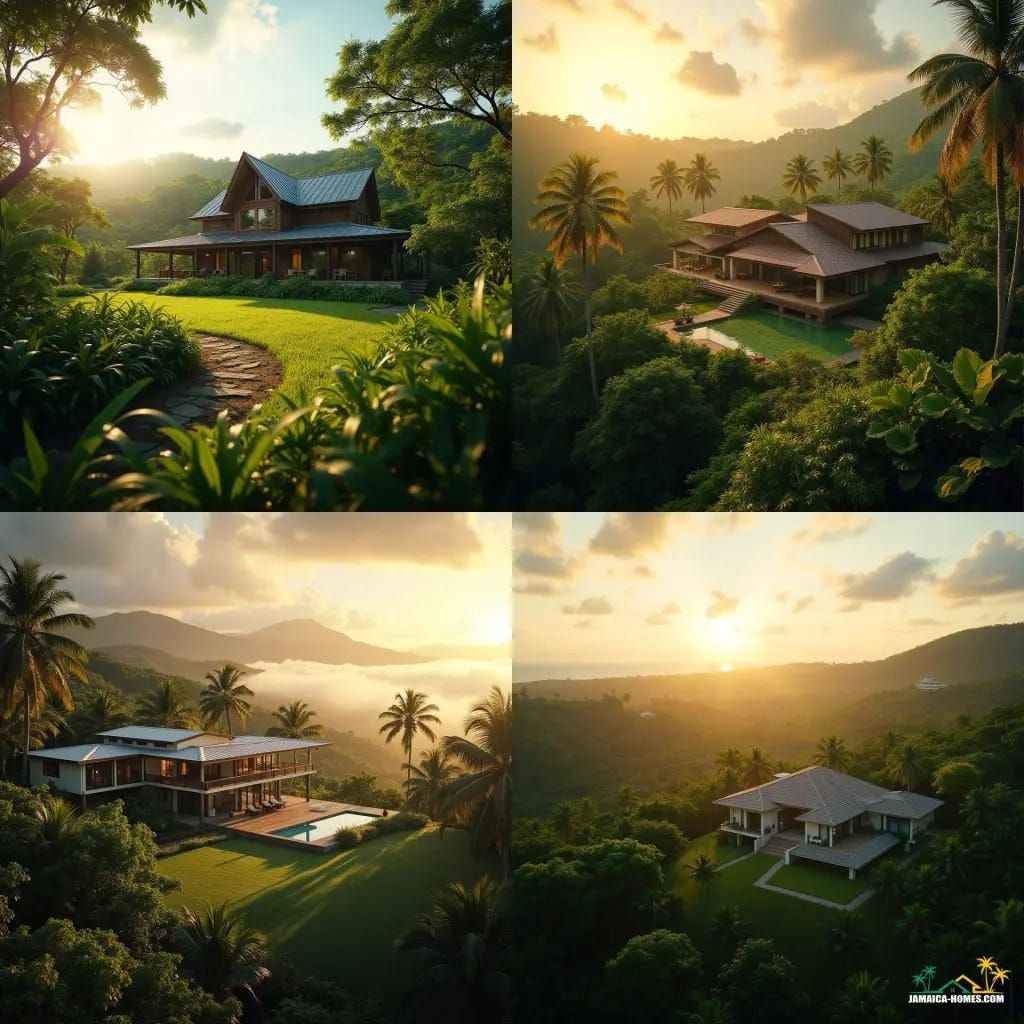 A rustic Jamaican farmhouse, its wooden facade weathered to a warm golden brown, with modern touches seamlessly integrated, including a sleek swimming pool that shimmers like a turquoise gemstone in the sunlight.