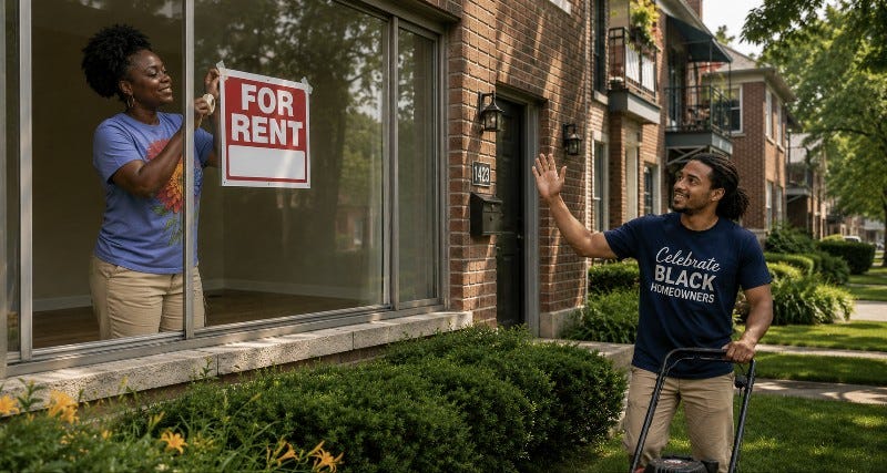 Woman tapes "for rent" sign on picture window while a man wearing a "Celebrate Black Homeowners" T-shirt mows the lawn. 