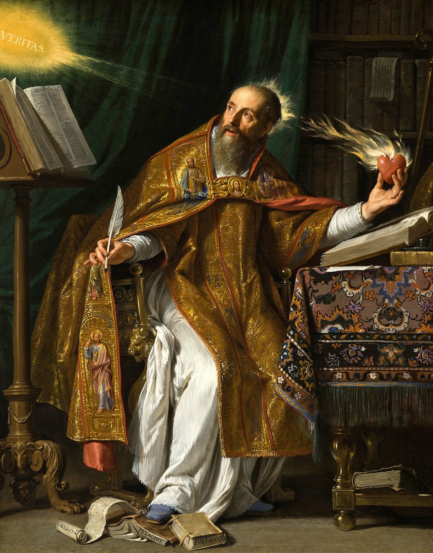 Saint Augustine writing at his desk, a beam of light marked VERITAS falling toward him