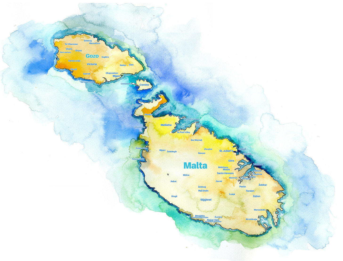 Hand-painted watercolor map of Malta and Gozo, showing cities and towns in soft shades of yellow, blue, and green with a fluid, artistic rendering of coastlines and surrounding sea.