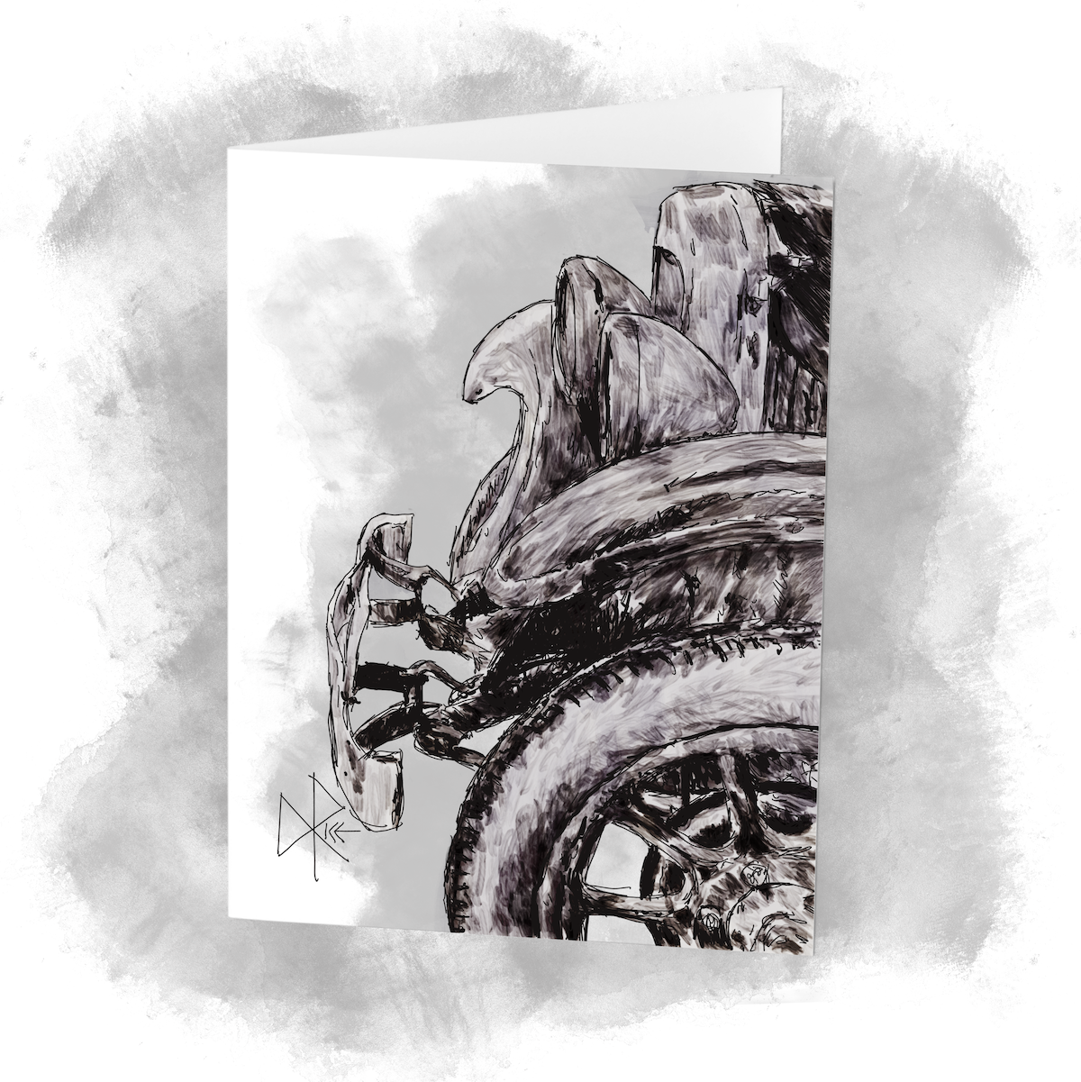A close-up profile of the nose of a Ford Model T, highlighting the fender and headlight assembly. Sketch art by Don Rice. A close-up profile of the nose of a Ford Model T, highlighting the fender and headlight assembly. Sketch art by Don Rice.