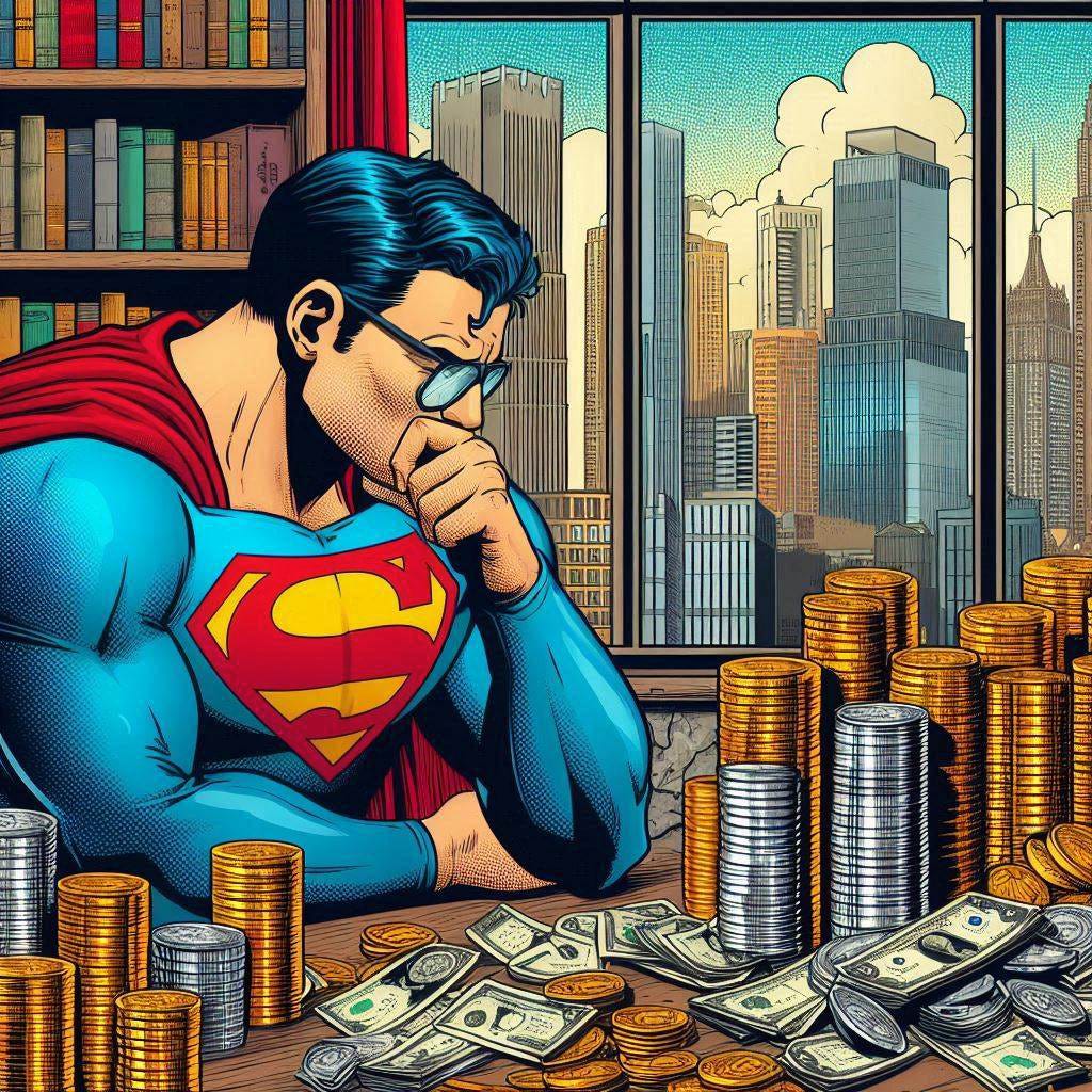 Superman, wearing glasses, sits at a desk stacked with gold and silver coins, pondering his financial assets.