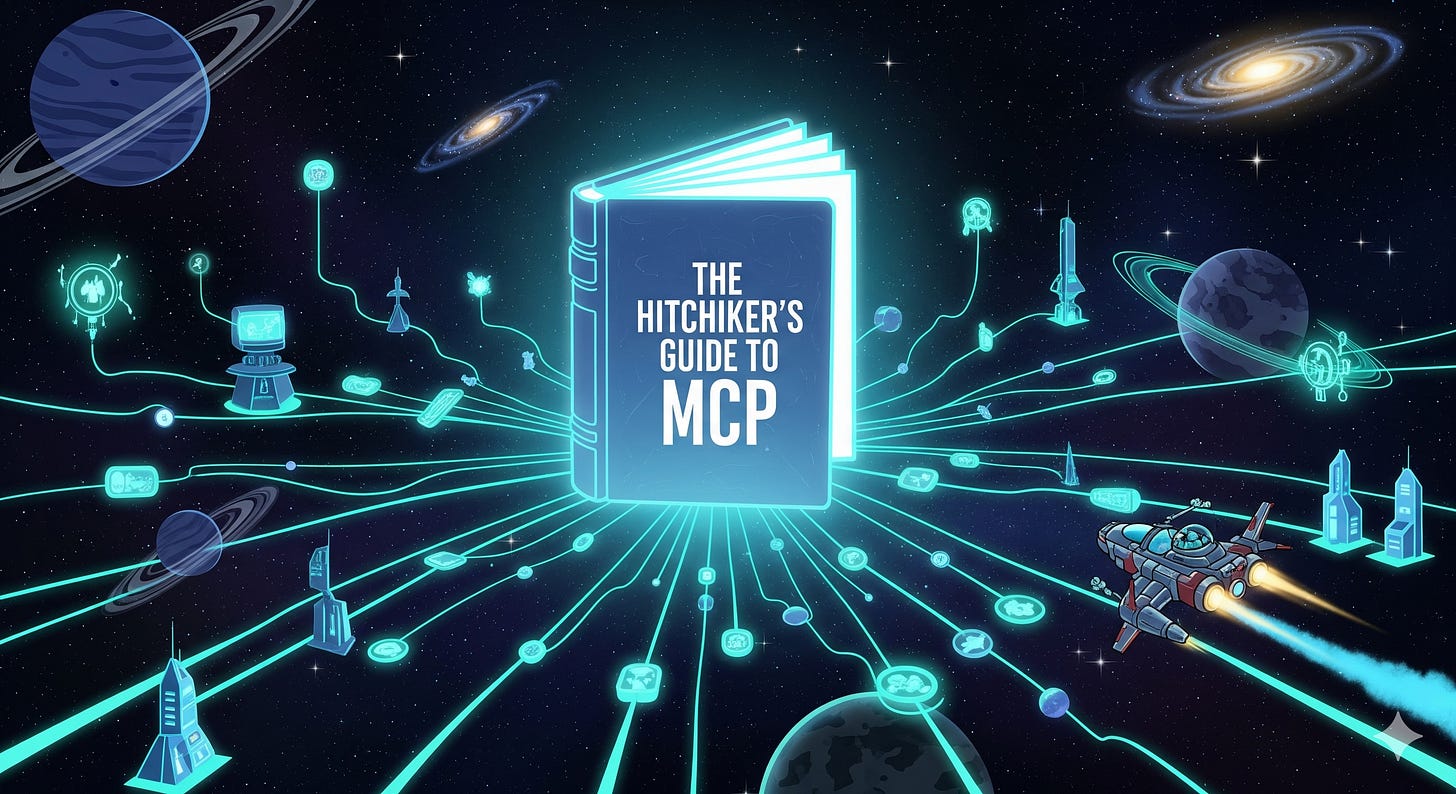 Title Image showing a book titled The Hitchhiker's Guide To MCP. A playful nod to beloved sci-fi novel series by Douglas Adams.