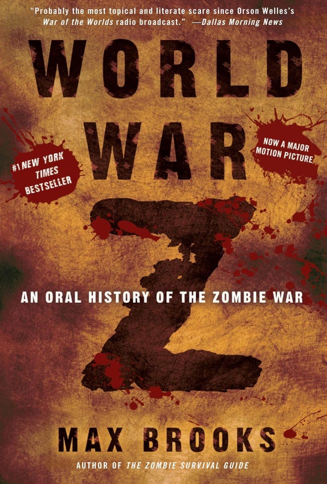book cover of World War Z by Max Brooks is mosly brown background with black letters on front. a map can be seen in the background.