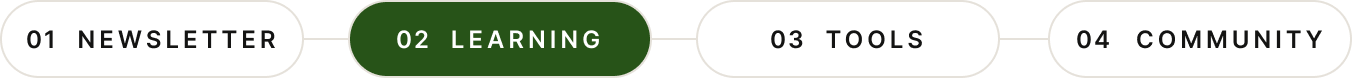 Horizontal Product with Attitude navigation showing four connected pill-shaped sections: “01 Newsletter,” “02 Learning,” “03 Tools,” and “04 Community.” The “02 Learning” section is highlighted in dark green to indicate the active category, while Newsletter, Tools, and Community remain white. The navigation organizes Product with Attitude content into newsletter articles, AI learning resources, AI tools, and community content.