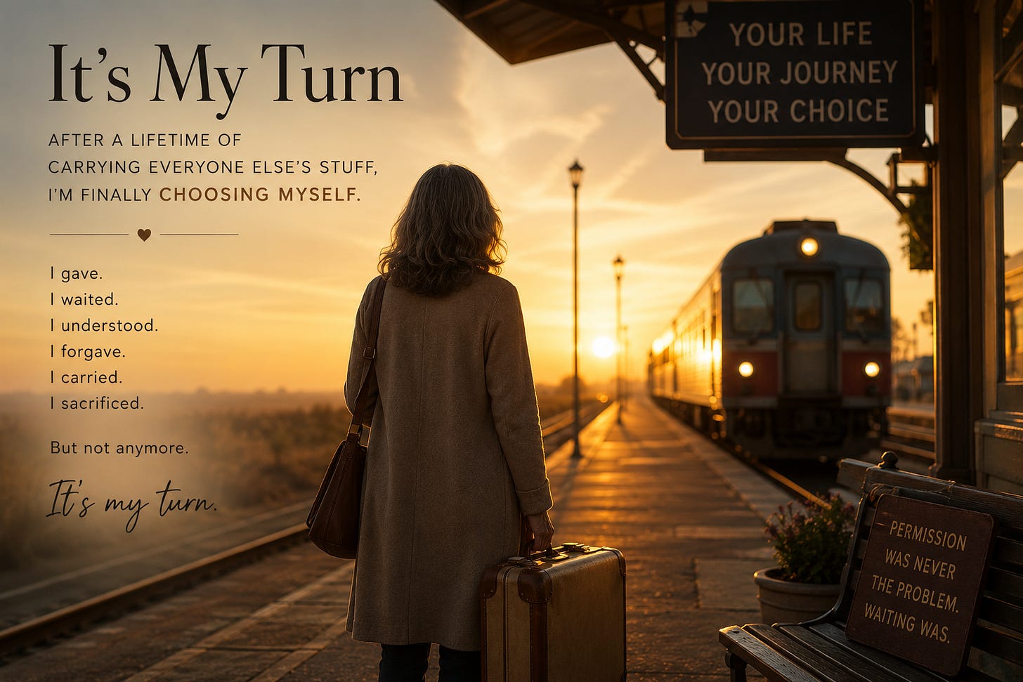 A solitary woman stands on a quiet train platform at sunrise, looking toward an approaching train. The scene symbolizes self-discovery, overcoming fear of abandonment, choosing yourself, and stepping into a more authentic life after years of putting others first.