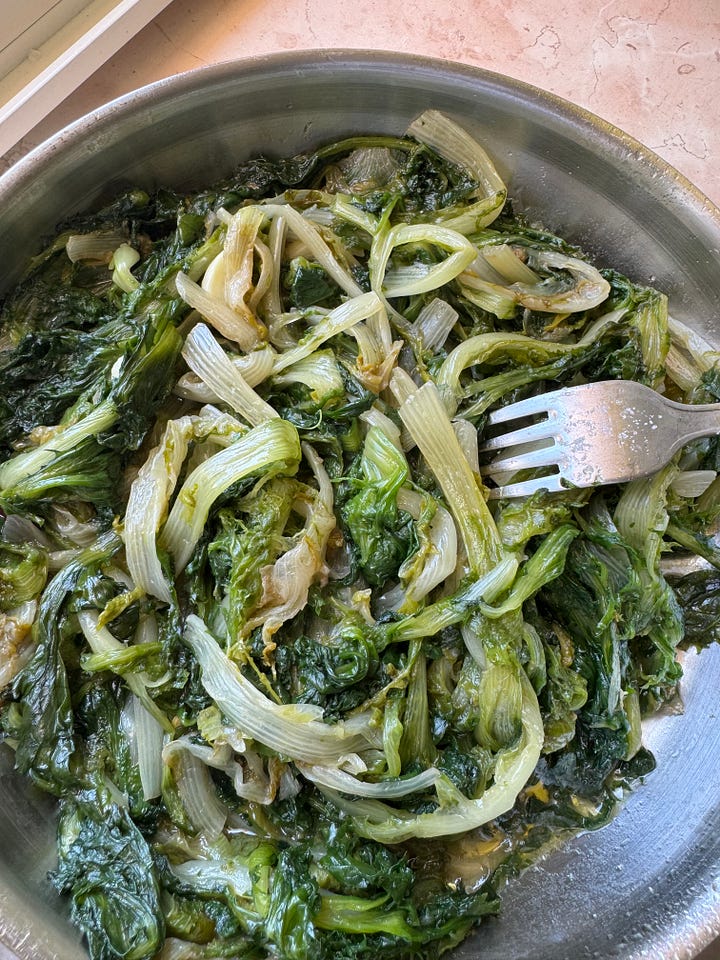 Fried chicken cutlets & sauteed chicory in EVOO and garlic