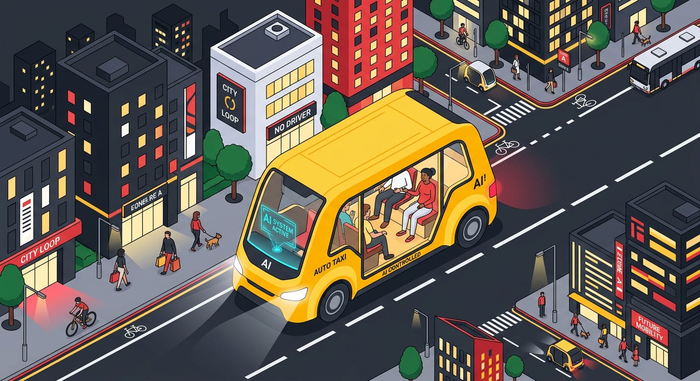 Flat isometric illustration of a futuristic yellow robotaxi driving through a city street with a completely empty driver's area and no steering wheel or pedals, passengers sitting inside while a glowing AI system controls the vehicle, small pedestrians and city buildings around it, dark charcoal background, clean vector art style, bold yellow, red and white accents, modern autonomous vehicle editorial aesthetic Flat isometric illustration of a futuristic yellow robotaxi driving through a city street with a completely empty driver's area and no steering wheel or pedals, passengers sitting inside while a glowing AI system controls the vehicle, small pedestrians and city buildings around it, dark charcoal background, clean vector art style, bold yellow, red and white accents, modern autonomous vehicle editorial aesthetic