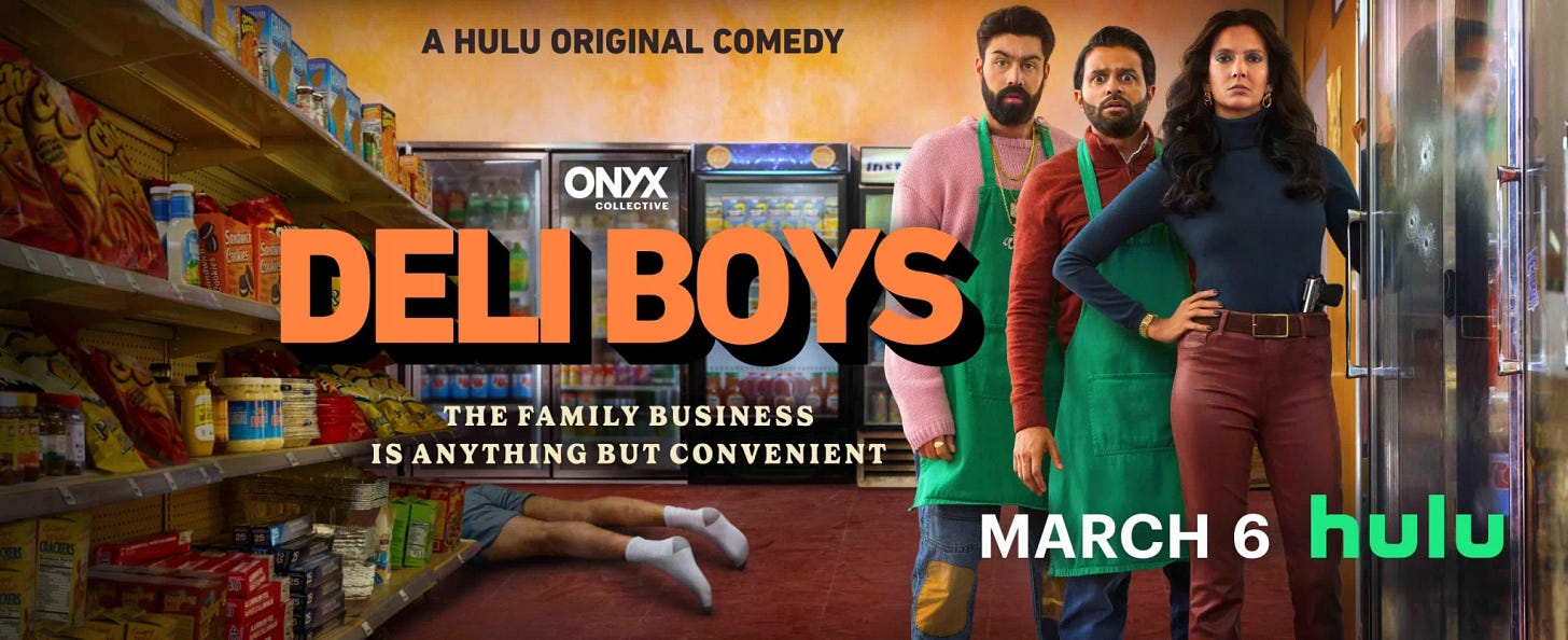 Deli Boys key art featuring three of the stars and the slogan "The family business is anything but convenient." They're in a convenience store.