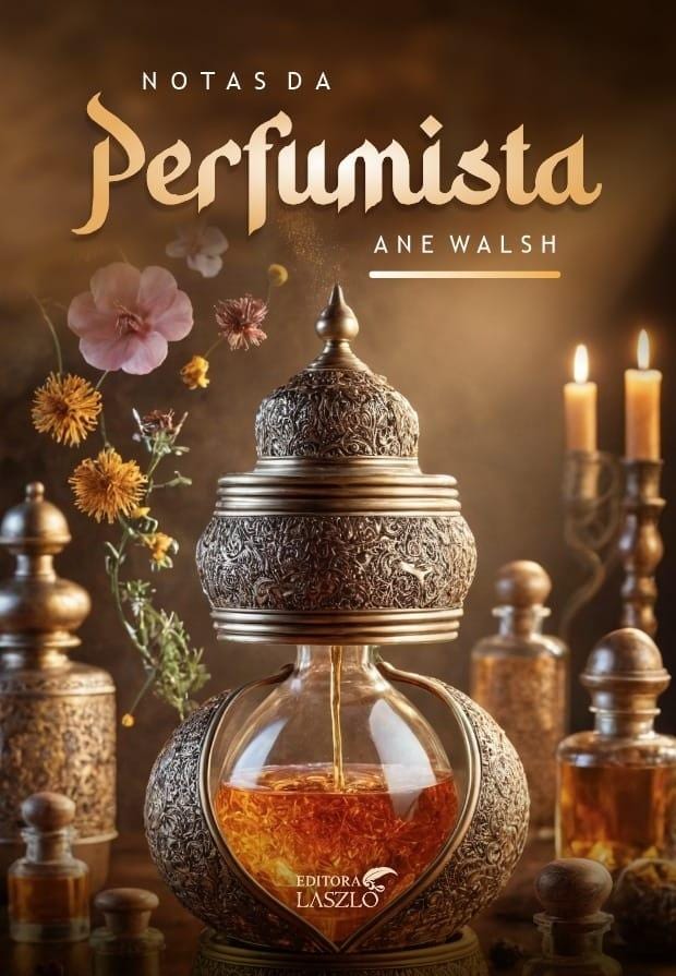 Ornate perfume bottle on the cover of Notas da Perfumista by Ane Walsh with golden typography and warm candlelight