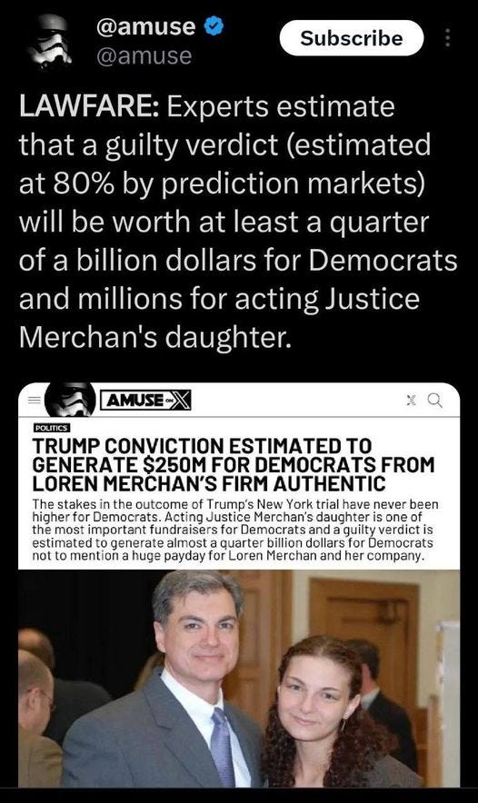 May be an image of 3 people and text that says '@amuse @amuse Subscribe LAWFARE: Experts estimate that a guilty verdict (estimated at 80% by prediction markets) will be worth at least a quarter of a billion dollars for Democrats and millions for acting Justice Merchan's daughter. AMUSE POLITICS TRUMP CONVICTION ESTIMATED TO GENERATE $250M FOR DEMOCRATS FROM LOREN MERCHAN'S FIRM AUTHENTIC The stakes in nt the outcome of Trump's New York trial have never been higher for Democrats. .Acting Justice Merchan's daughter one of most important fundraisers Democrats guilty estimated generate quarter billion dollars Democrats to mention a huge payday for Loren Merchan and her company.'
