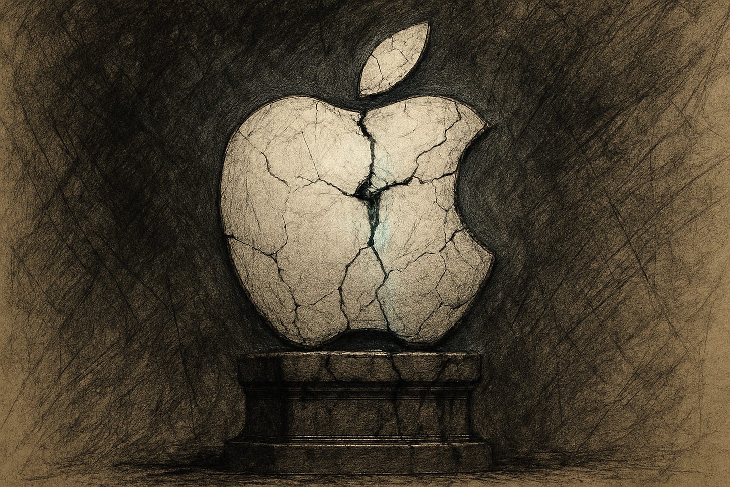 A hand-sketched, mixed-media drawing of the Apple logo, cracked and crumbling, with a faint blue light shining through the cracks.