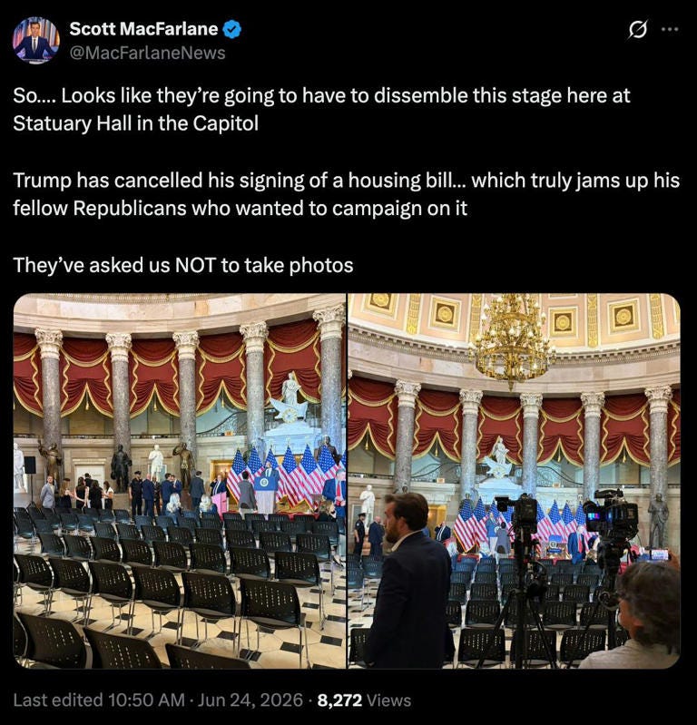 A tweet from Scott MacFarlane showing a stage set up with American flags and the presidential podium with chairs.