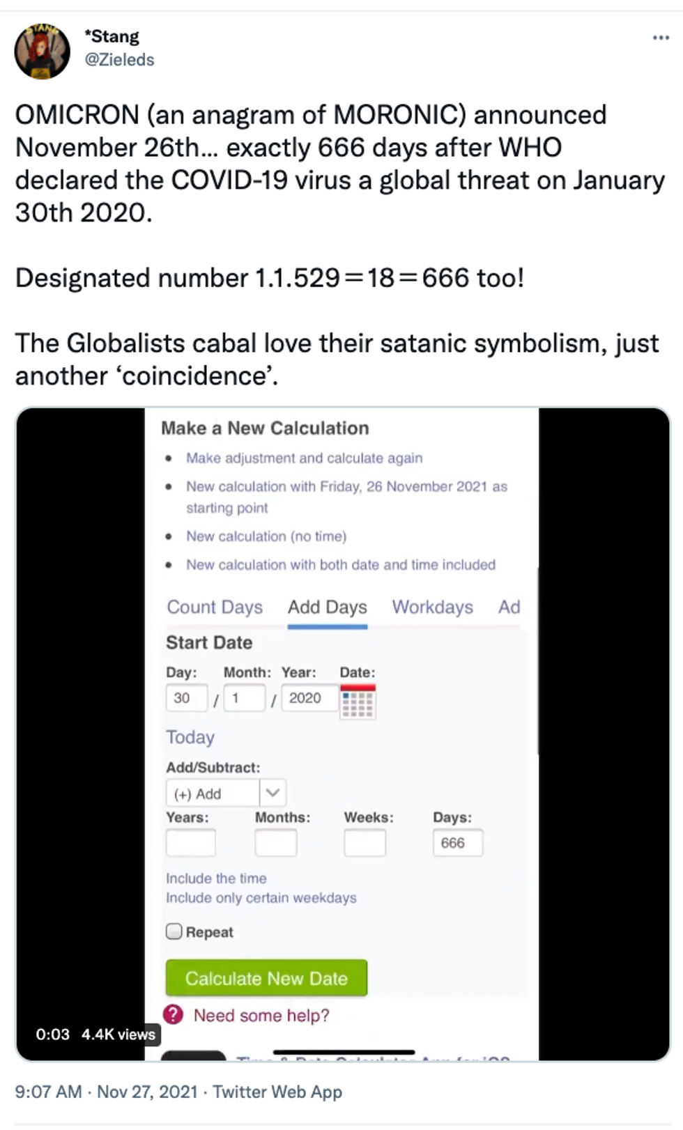 OMICRON (an anagram of MORONIC) announced November 26th\u2026 exactly 666 days after WHO declared the COVID-19 virus a global threat on January 30th 2020. Designated number 1.1.529\uff1d18\uff1d666 too! The Globalists cabal love their satanic symbolism, just another \u2018coincidence\u2019. OMICRON (an anagram of MORONIC) announced November 26th\u2026 exactly 666 days after WHO declared the COVID-19 virus a global threat on January 30th 2020. Designated number 1.1.529\uff1d18\uff1d666 too! The Globalists cabal love their satanic symbolism, just another \u2018coincidence\u2019.