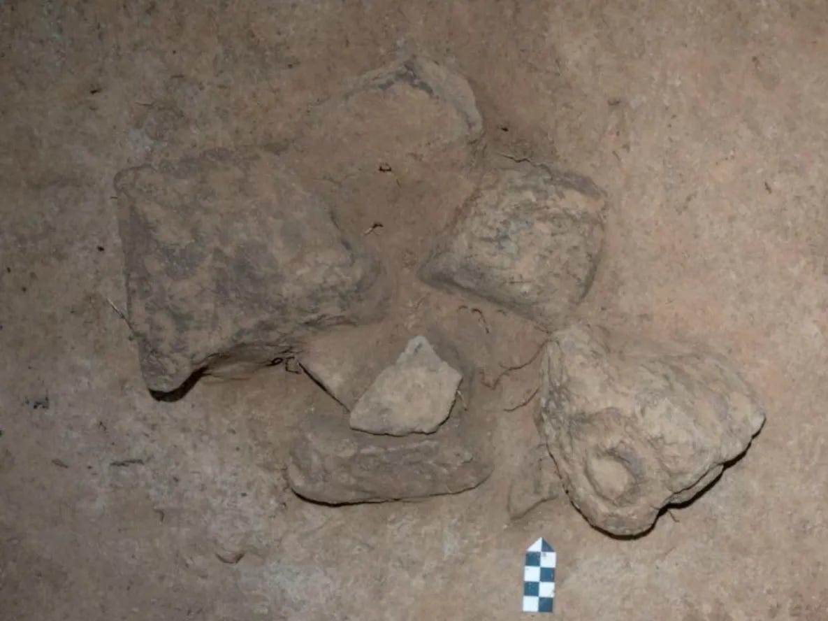 The cluster of stones uncovered in the test pit near Sikachi-Alyan, part of a mound-like ritual structure raised in the early Iron Age. Photo Khabarovsk Regional Center for the Protection of Historical and Cultural Monuments. The cluster of stones uncovered in the test pit near Sikachi-Alyan, part of a mound-like ritual structure raised in the early Iron Age. Photo Khabarovsk Regional Center for the Protection of Historical and Cultural Monuments.