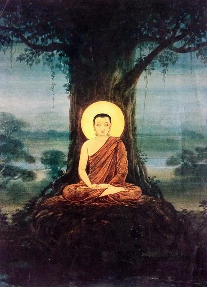 This may contain: a painting of a buddha sitting under a tree