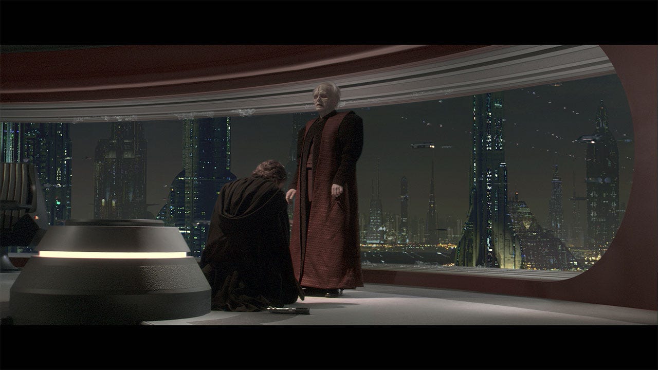 Palpatine stands before Anakin. He has now fully adopted his Sith identity of Darth Sidious. The Chancellor bestows a Sith title onto his new apprentice: Darth Vader. Sidious envisions a galaxy of order and peace, but first, the Jedi must be eliminated. He tasks Vader to do the dark deed, for only then will Vader be so powered by the dark side as to be unstoppable. 
