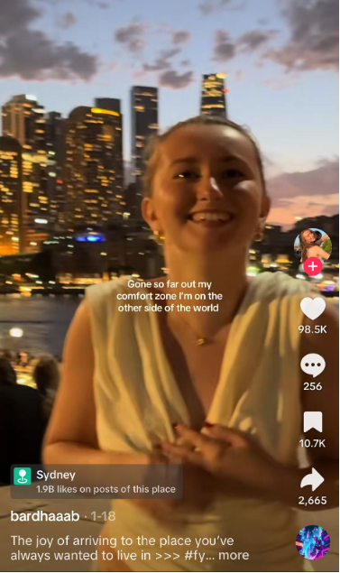a still from bardhaaab's tiktok showing her joy at landing in sydney and drinking it all in in emotional terms