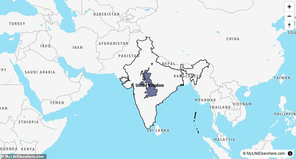 India (3,287,263 sq km) is 13 times bigger than the United Kingdom (243,610 sq km). However, almost 1.3billion more people live in India, which has a population of around 1.4billion, compared to the UK's 68million India (3,287,263 sq km) is 13 times bigger than the United Kingdom (243,610 sq km). However, almost 1.3billion more people live in India, which has a population of around 1.4billion, compared to the UK's 68million