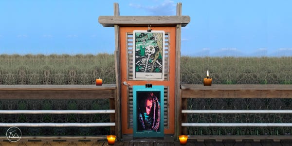 digital collage by ketzirah. central photograph is a door on a board walk with salt marsh and blue sky behind it.  On the door, the death card from the "Gulf Coast Tarot" hangs at the top and the Mekonenet Vessel card from eit/aht a netivot wisdom oracle hands below. there are candles on either side of the door on a wooden railing and on the wooden boardwalk.