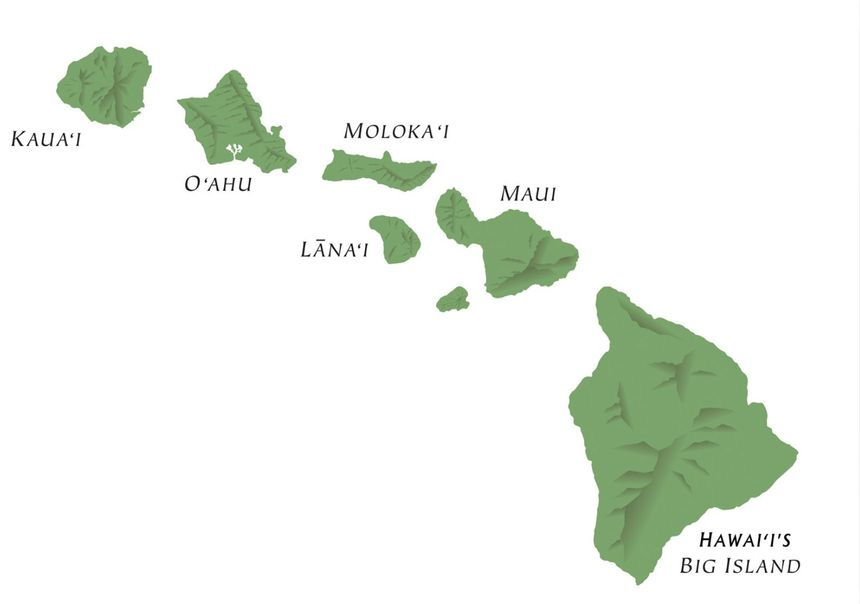 a map of hawaii with all the major cities and their name written in green on it