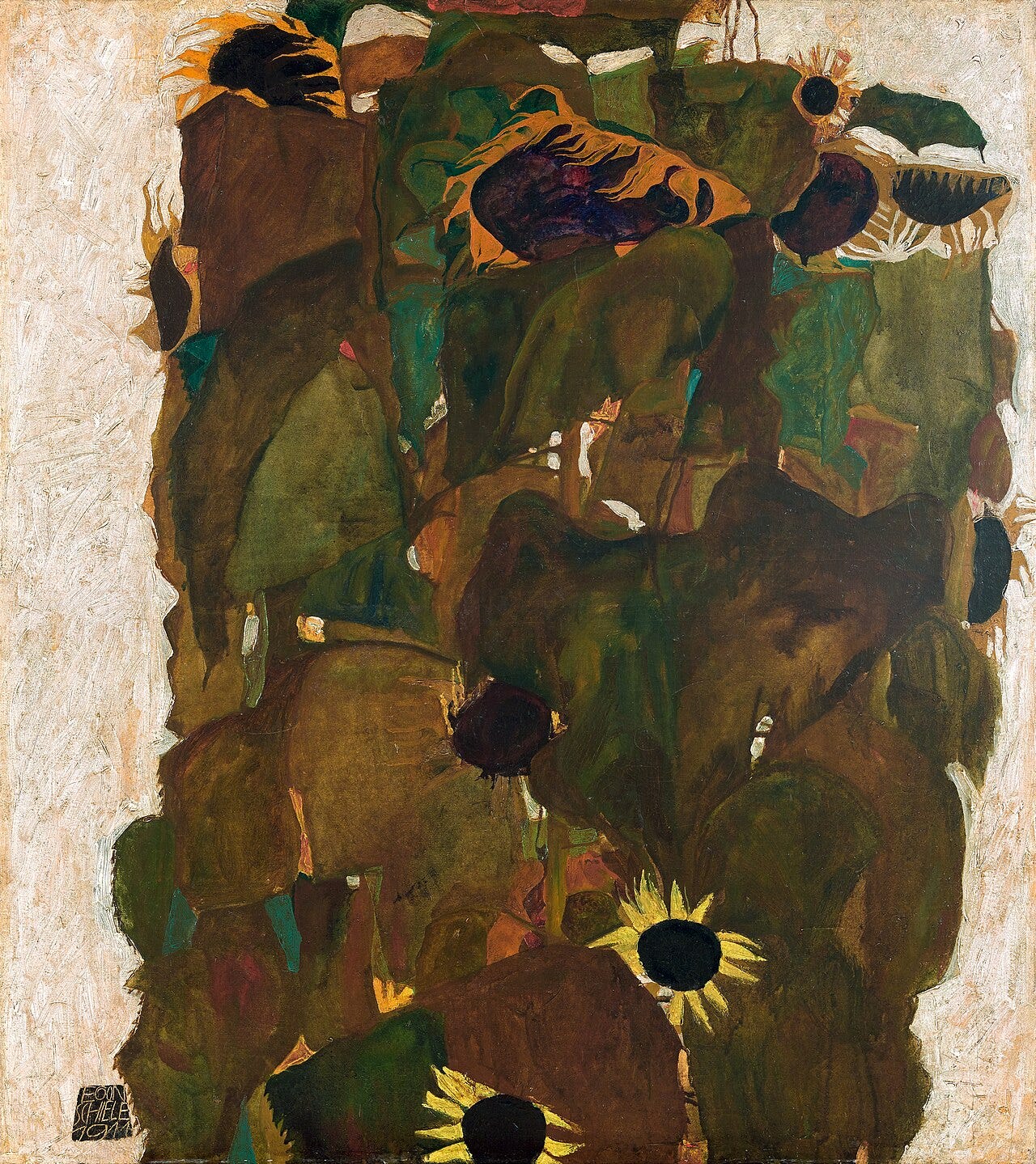 Wilting yellow sunflowers on bent stalks against a dark background Wilting yellow sunflowers on bent stalks against a dark background