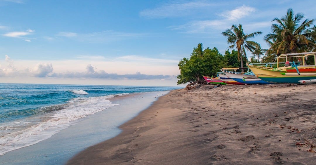 a beach with several boats parked on the shore