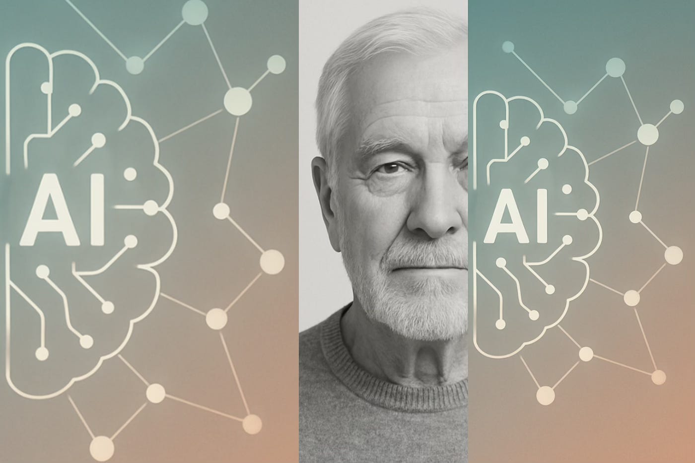 A black and white image of an old bearded man hidden behind an AI graphic