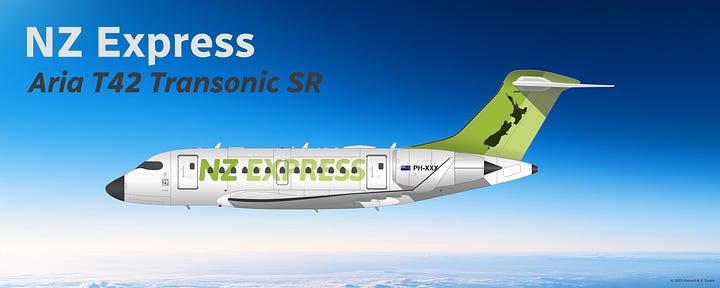 The jetliners most commonly used to operate on NZ Express' Pacific Island route network: (1) British Aerospace BAe 146-200 (1985-2009), (2) Airbus A318 (since 2009), (3) Aria T42 (since 2023), and Aria T72 (since 2024) - all shown in side view while in midflight.