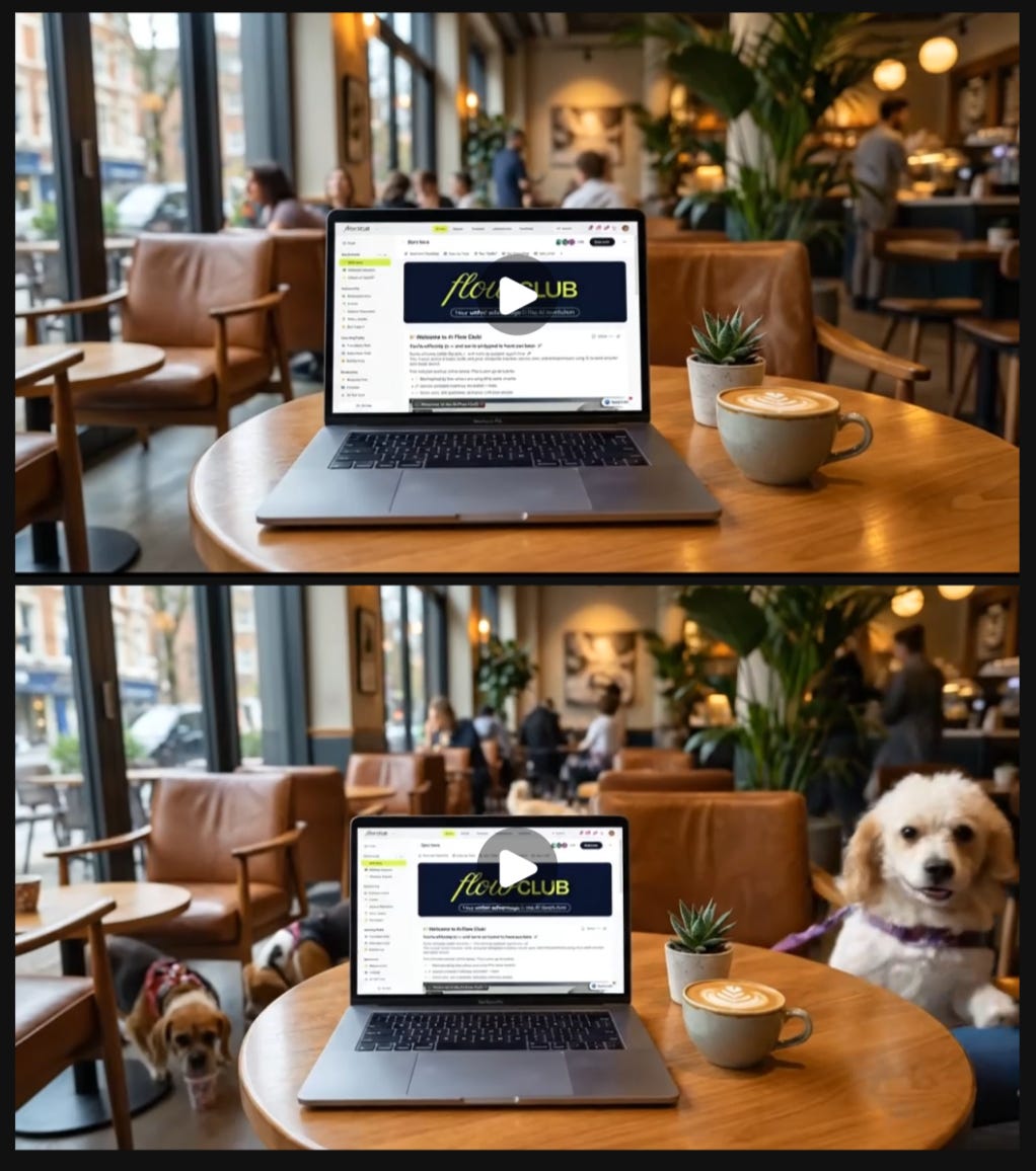 Before and after comparison of an AI-generated coffee shop video. Top frame shows laptop with Flow Club on screen, latte, and people in background. Bottom frame shows the same scene with dogs added throughout the café while the laptop and latte remain unchanged.