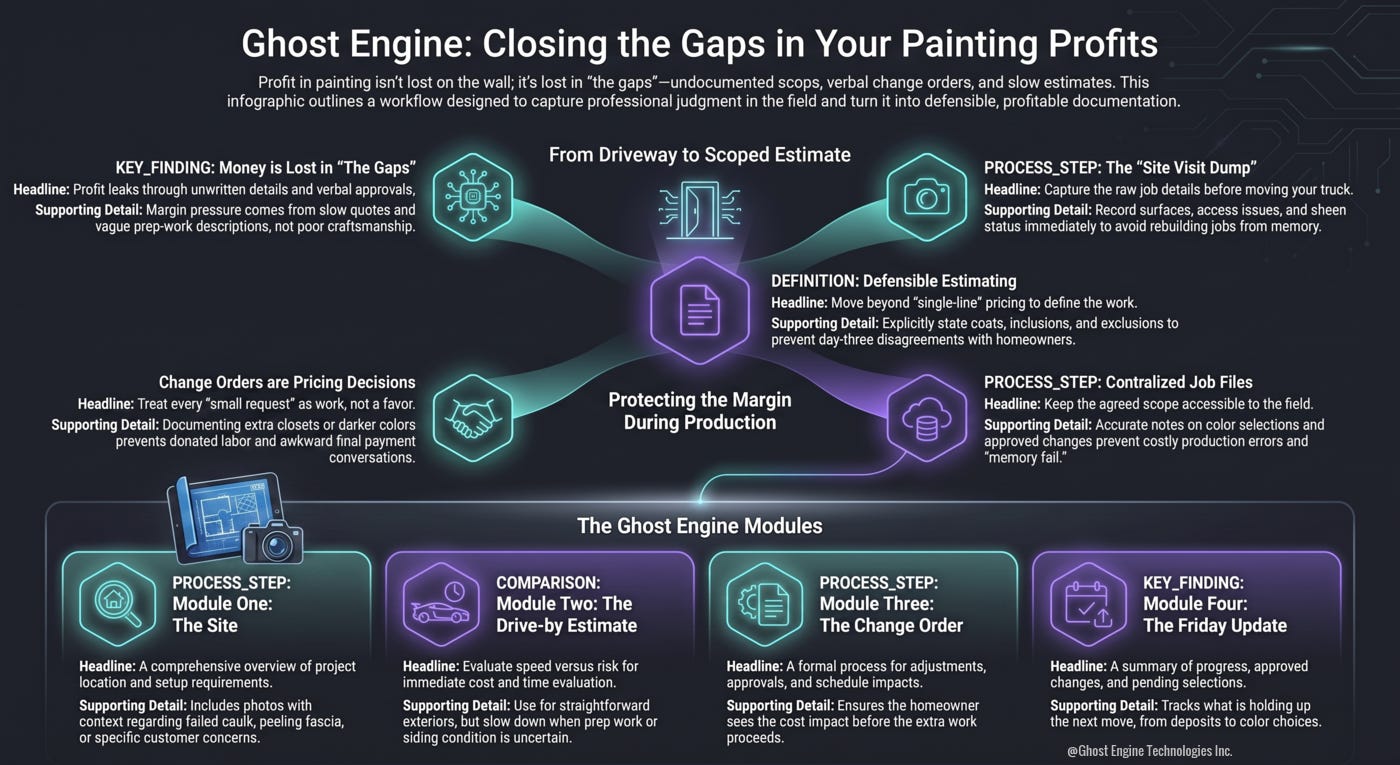 Infographic titled “Ghost Engine: Closing the Gaps in Your Painting Profits.” It features a dark background with glowing blue and purple gradient lines connecting hexagonal icons. The central concept, “Protecting the Margin During Production,” is surrounded by workflow steps such as “From Driveway to Scoped Estimate,” “Defensible Estimating,” and “Centralized Job Files.” Each section includes headlines and supporting details explaining how Ghost Engine helps painting contractors capture field data, document change orders, and prevent profit loss. The bottom section lists four modules: The Site, The Drive‑By Estimate, The Change Order, and The Friday Update. The design uses neon accents and clean typography to convey precision and professionalism. ©Ghost Engine Technologies Inc. Infographic titled “Ghost Engine: Closing the Gaps in Your Painting Profits.” It features a dark background with glowing blue and purple gradient lines connecting hexagonal icons. The central concept, “Protecting the Margin During Production,” is surrounded by workflow steps such as “From Driveway to Scoped Estimate,” “Defensible Estimating,” and “Centralized Job Files.” Each section includes headlines and supporting details explaining how Ghost Engine helps painting contractors capture field data, document change orders, and prevent profit loss. The bottom section lists four modules: The Site, The Drive‑By Estimate, The Change Order, and The Friday Update. The design uses neon accents and clean typography to convey precision and professionalism. ©Ghost Engine Technologies Inc.