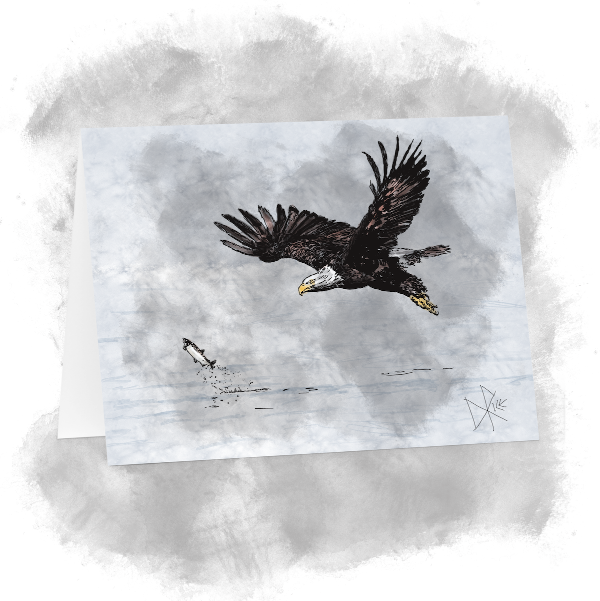 An eagle-eyed eagle swoops down and is about to use its talons to grab a fish that it has been tracking. Sketch art by Don Rice. An eagle-eyed eagle swoops down and is about to use its talons to grab a fish that it has been tracking. Sketch art by Don Rice.