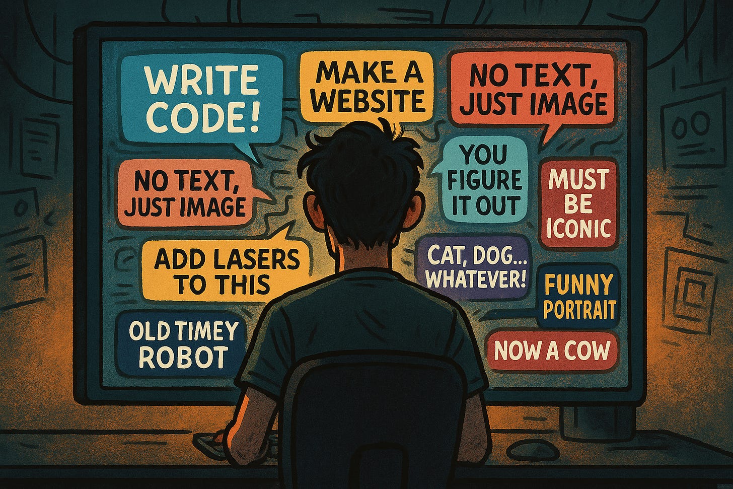 A developer sitting in front of a monitor with chaotic, flashing prompts, an ironic, slightly messy mood.
