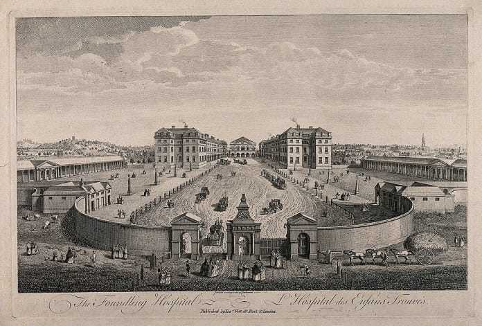The Foundling Hospital, Holborn, London: a bird's-eye view of the courtyard. Engraving by T. Bowles after L. P. Boitard, 1753. The Foundling Hospital, Holborn, London: a bird's-eye view of the courtyard. Engraving by T. Bowles after L. P. Boitard, 1753.
