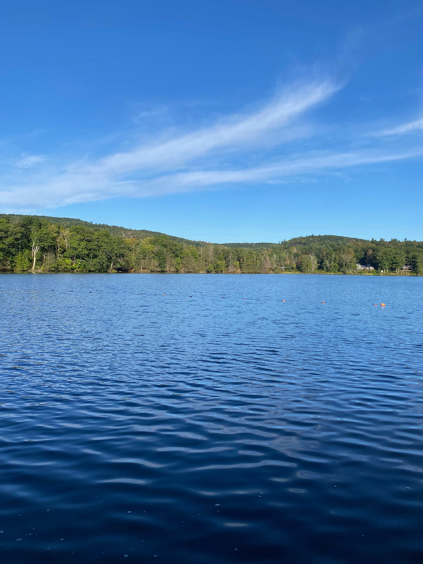 The deep blue Ashfield Lake under a blue sky, surrounded by tree-covered hills.